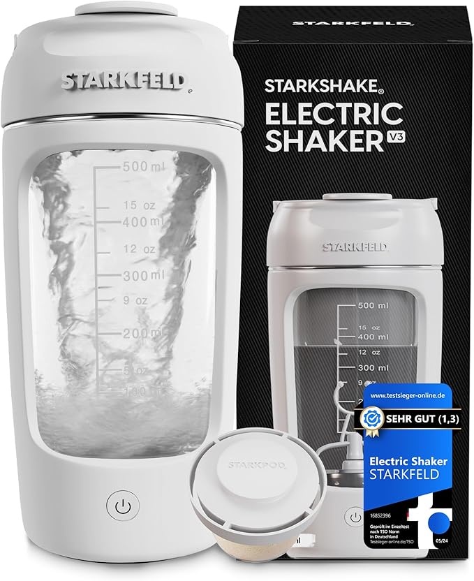 starkshake v3 elektrischer protein shaker 7000 upm usb-c 60+ shakes weiß