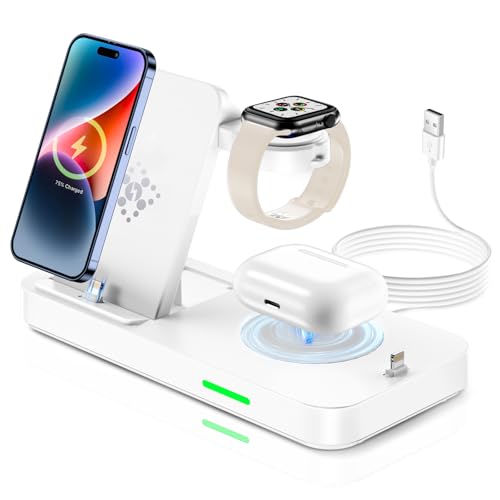 ladestation 4 in 1 für apple watch und iphone, kabelloses ladegerät für iwatch 9/8/7/6, iphone 14/13/12/11 pro max, airpods