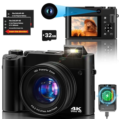 4K digitale Kamera 64 MP Dual Kamera Anti-Shake Vlogging mit 32GB Speicherkarte, 16X Zoom