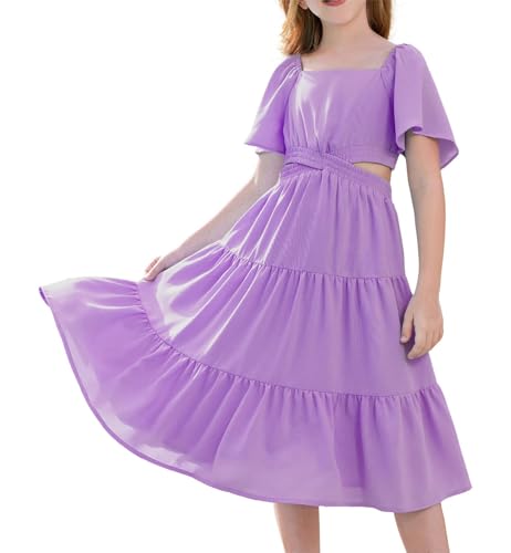 grace karin mädchen sommerkleid midi violett mit rüschenärmel taille cut-out 12 jahre