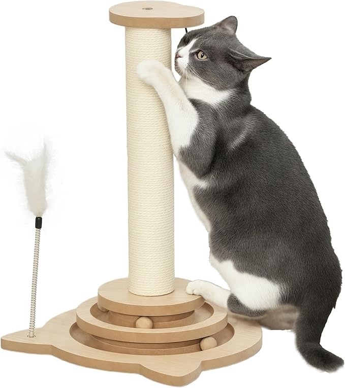 PawHut Kratzstamm 49cm, Sisal-Kratzsäule mit Spielball, Katzenmöbel Indoor, Eiche