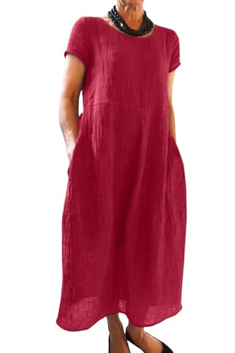 imuedaen sommerkleid damen boho kleid kurzarm rundhalsausschnitt burgund M