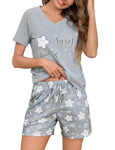 litherday schlafanzug damen kurz pyjama set baumwolle grau mit sternen kurzarm loungewear