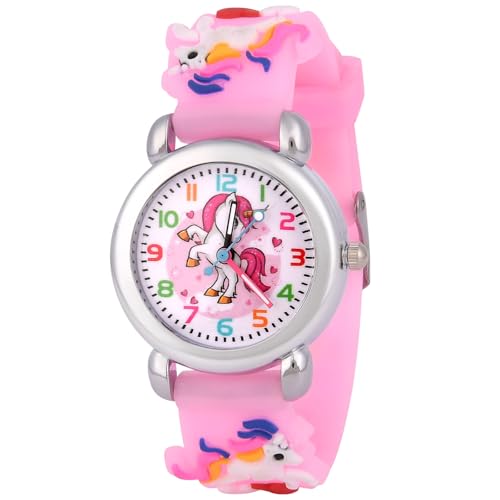 offcup kinderuhr analog 3d cartoon einhorn mit silikonarmband 3-11 jahre hellrosa