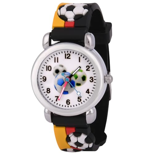 OFFCUP kinderuhr analog 3D cartoon lernuhr mit silikon armband schwarz rot gelb fußball