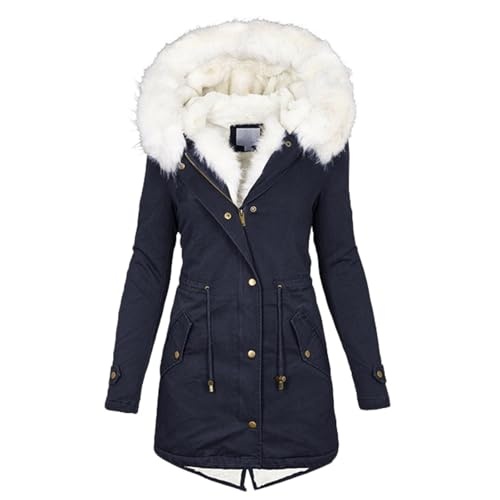 Damen Winterjacke Warm Lang Mantel mit Kapuze, Reißverschluss, Kordelzug, Slim Fit, Fleece, Navy, Größe M