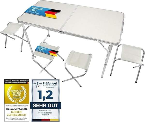 goods+gadgets klappbarer mehrzwecktisch campingtisch höhenverstellbar mit 4 stühlen weiss