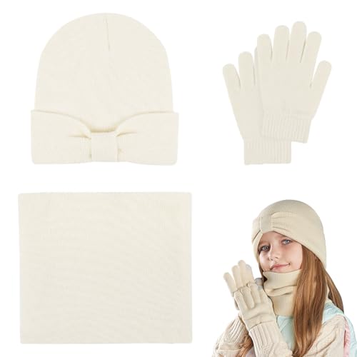 wintermütze kinder set porupael, strickmütze mit schal und handschuhen 3-8 jahre beige