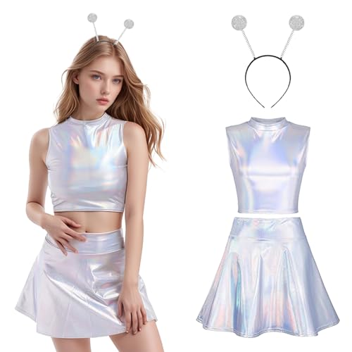 Produktbild: alien kostüm für damen 3 teilig mit haarreif, metallic rock und glitzer top, silber, m