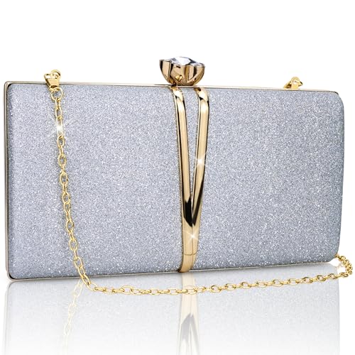 Damen Abendtasche Silber Kompakte Clutch Umhängetasche mit Kettenriemen
