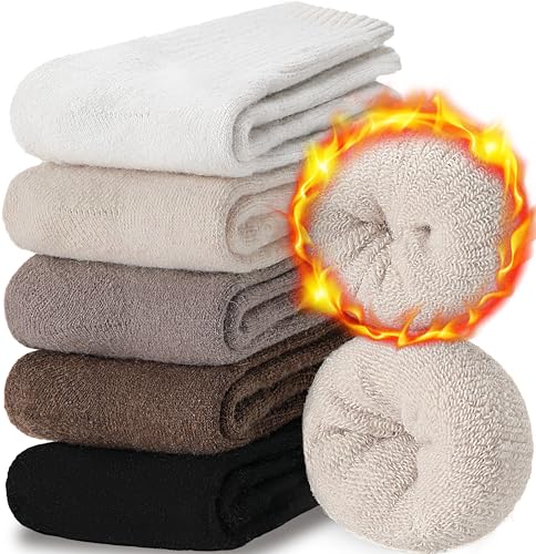 EBMORE Damen Merino Wollsocken 5 Paar Thermosocken Wintersocken Beige/Weiß/Schwarz/Khaki