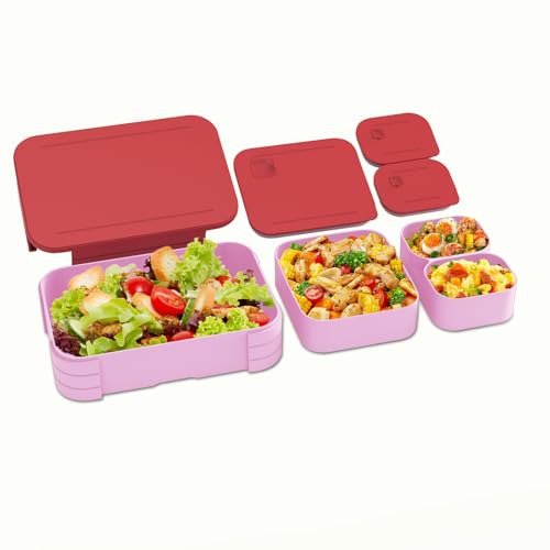 XJIANFU bento-box kinder auslaufsicher 3 in 1 mit fächern für mikrowelle spülmaschinenfest pink