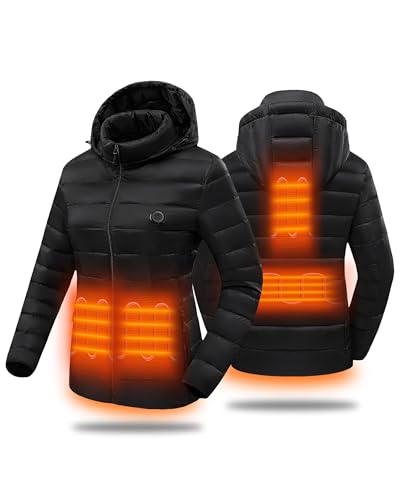 Beheizbare Jacke Damen 7.4V Akku, Pufferjacke mit Kapuze, Doppelschalter Wintersport