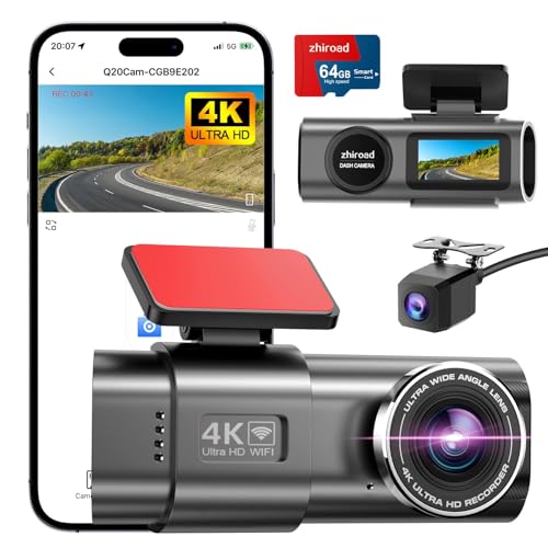 dash cam 4k 1080p, front und rear, wlan, parking monitoring, 64g sd, nachtsicht, 170 winkel