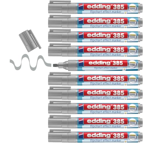 edding 385 flipchart effektmarker 10er pack, flexibel 1-5mm, silbergrau, orange, hellblau, gelb