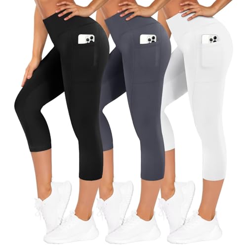 tnnzeet 3er pack damen leggings 3/4 mit taschen hochbund 7/8 sporthose schwarz dunkelgrau weiß L-XL