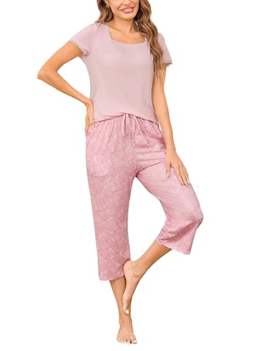 litherday damen schlafanzug kurz pyjama set baumwolle sommer hellrosa M