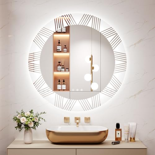 badezimmerspiegel mit beleuchtung, rund, dimmbar, touch-schalter, 3 lichtfarben, 70 x 70 cm, dp323