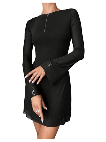 sweatyrocks damen kurz kleid elegant a-linie mit mesh langarm herbstkleid schwarz M