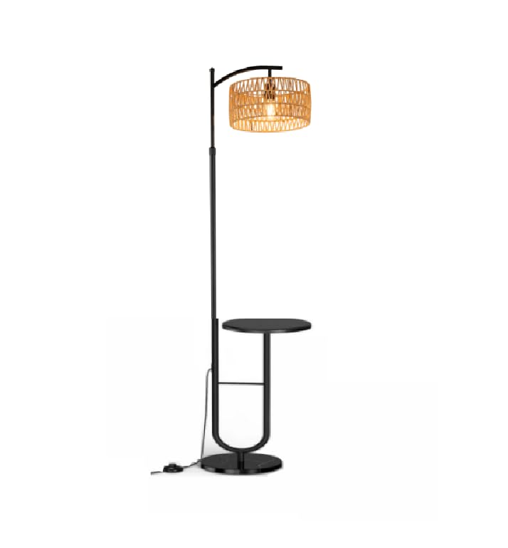 Boho Stehlampe Rattan schwarz höhenverstellbar 176cm E27 mit Ablage 2m Kabel