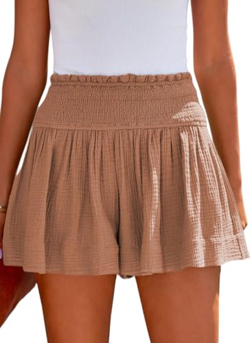 tincini shorts damen high waist baumwolle elastisch casual rüschen strandshorts rosa S
