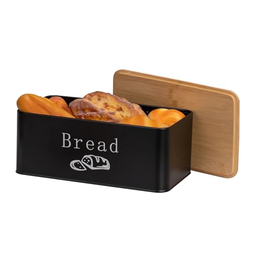 brotkasten mit deckel aus bambus und metall, brotaufbewahrung 33x18,5x13,7 cm schwarz