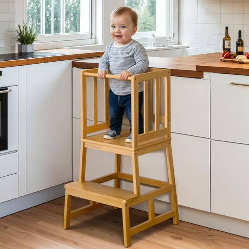 lernturm kinder ab 1 jahr, cosYland massiv, montessori learning tower, bambusfarbe