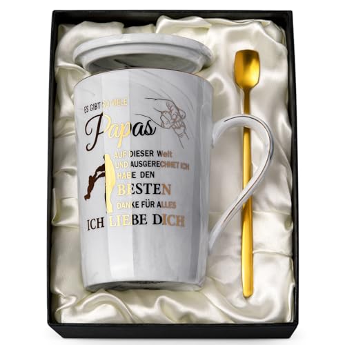 vatertagsgeschenk papa tasse grau marmor 400ml mit löffel und kartengruß Geschenkbox