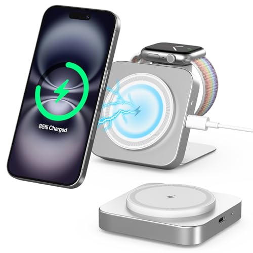 mag-safe ladestation 2 in 1 für apple watch und iphone, kabellos, silber