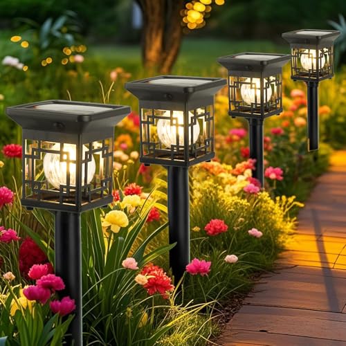 hqynss solarleuchten 4er set für garten, wasserdicht, warm weiß, außenbeleuchtung