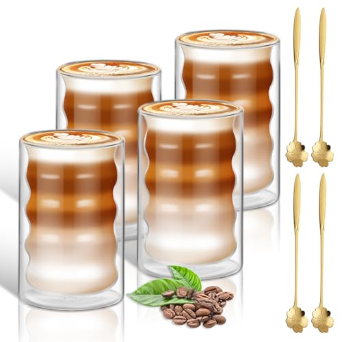 double-walled latte macchiato glasses 400 ml 4er set mit löffel, borosilikatglas