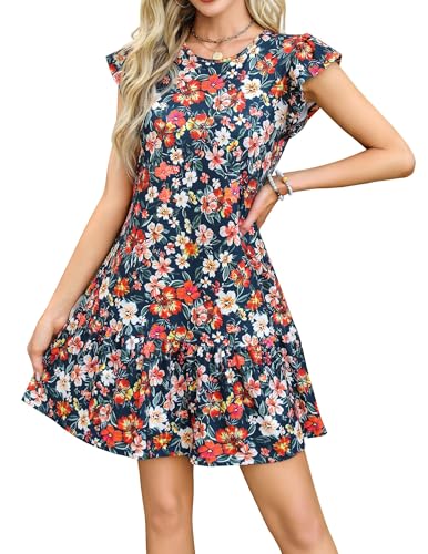zeagoo sommerkleid damen strandkleid rundhals leicht rüschen ärmel rot druck minikleid L