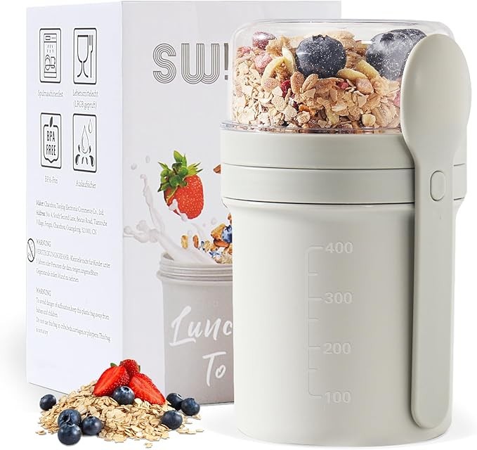 Müsli Becher to Go 450ml + 250ml, Joghurtbecher mit Löffel, auslaufsicher, hellgrau