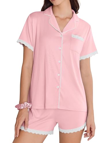 ekouaer schlafanzug damen kurz pyjama set rosa kurzarm sommer mit knopfleiste L
