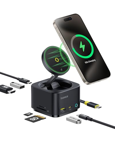 usb c dockingstation hub baseus 7 in 1 mit magsafe qi2 15w 4k hdmi 100w pd 10gbps sd-kartenleser