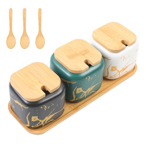 yedzen gewürzdose set 3er porzellan mit deckel löffel bambustablett 400ml