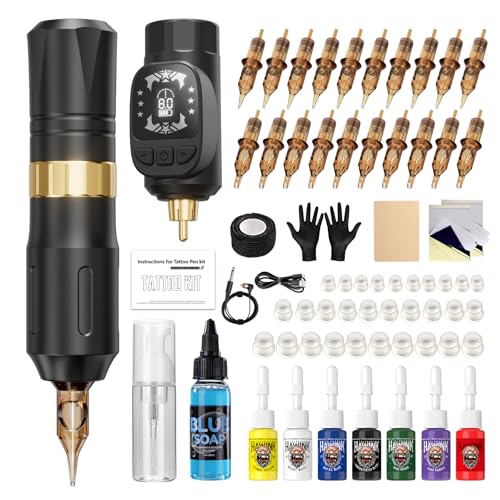 tattoo maschine set kabellos 1600 mAh, 20 tattoo cartridges, 7 inks, blaue seife, hawink HW-TK1001EU-1