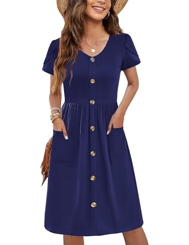 zeagoo damen kleider kurzarm v-ausschnitt midikleid blau casual mit taschen L