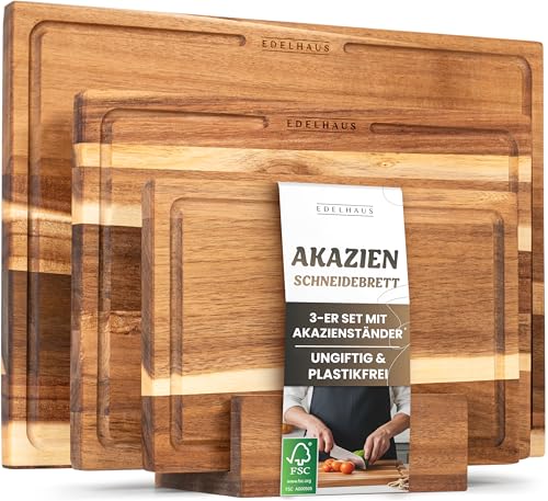 Produktbild: edhaus schneidebrett holz 3er set 40x30cm, 33x24cm, 26x18cm, holzschneidebrett