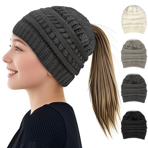 auyao damen strickmütze mit zopfloch für pferdeschwanz dunkelgrau beanie hüte