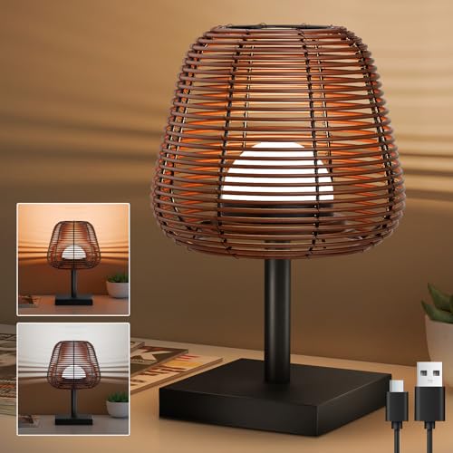 Produktbild: malux kabellose tischleuchte dimmbar rattan bambus holz mit usb ladefunktion