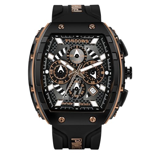PINDOWS herren chronograph uhr, wasserdicht, großes zifferblatt, silikonband, kalender