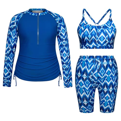 hanna nikole badeanzug damen langarm blaue krawattenfarbe mit abnehmbaren polstern 46plus