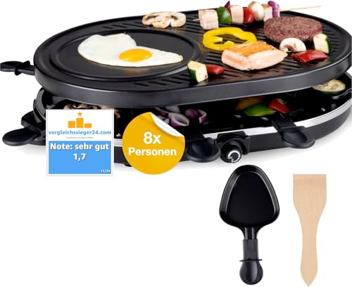 raclette set für 8 personen, ovaler grill mit grillplatte und crepes funktion