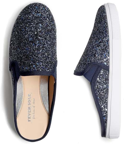 Feversole Damen Sport Mules Slip On Sandalen Nachtblau-Glitter 37