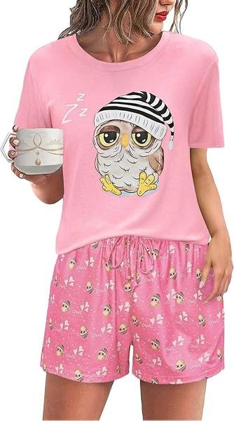 Baumwolle Damen Pyjama Kurz Zweiteilig Nachtwäsche Sommer Set Rundhals