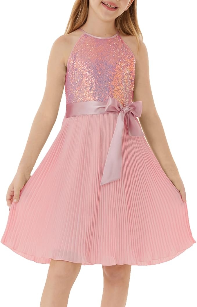 Mädchen Pailletten Neckholder Kleid Ärmellos Glitzer Sommer Hellrosa 14 Jahre