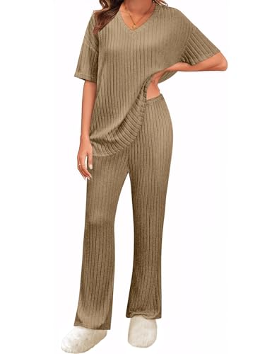 niwicee damen loungewear set 2-teilig sommer pyjama mit v-ausschnitt und weiten hosen khaki, s