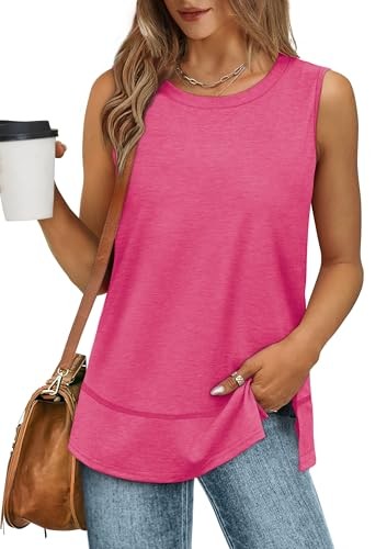 XIEERDUO Damen Tank Top Ärmellos Rundhals Sommer Elegant Longshirt Rosa M