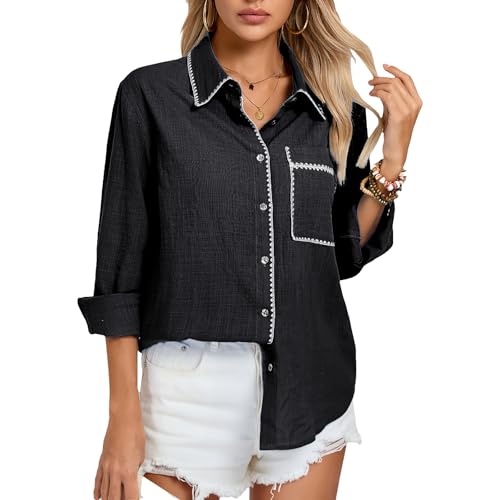 kate kasin langarm blouse für frauen schwarz loose fit button down shirts L
